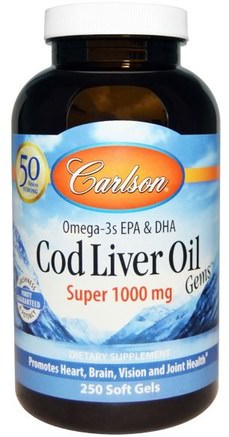 Cod Liver Oil Gems, Super, 1000 mg, 250 Soft Gels by Carlson Labs-Kosttillskott, Efa Omega 3 6 9 (Epa Dha), Fiskolja, Torskleverolja Softgels