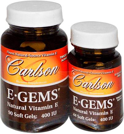 E-Gems, Natural Vitamin E, 400 IU, 2 Bottles, 90 Softgels + 44 Soft Gels by Carlson Labs-Vitaminer, Vitamin E