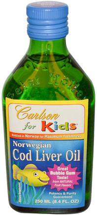 Kids, Norwegian Cod Liver Oil, Bubble Gum, 8.4 fl oz (250 ml) by Carlson Labs-Kosttillskott, Efa Omega 3 6 9 (Epa Dha), Fiskolja, Torskleveroljevätska