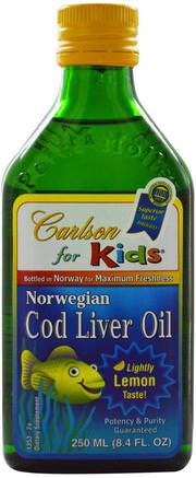 Kids, Norwegian Cod Liver Oil, Natural Lemon Flavor, 8.4 fl oz (250 ml) by Carlson Labs-Kosttillskott, Efa Omega 3 6 9 (Epa Dha), Fiskolja, Torskleverolja