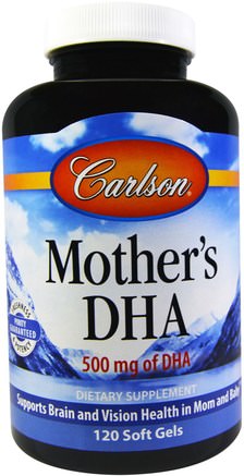 Mothers DHA, 500 mg, 120 Soft Gels by Carlson Labs-Kosttillskott, Efa Omega 3 6 9 (Epa Dha), Dha, Epa, Hälsa, Graviditet