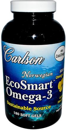 Norwegian EcoSmart Omega-3, Natural Lemon Flavor, 500 mg, 180 Softgels by Carlson Labs-Kosttillskott, Efa Omega 3 6 9 (Epa Dha), Fiskolja, Mjölkgjorda Fiskoljor