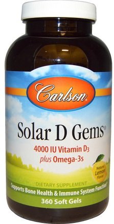 Solar D Gems, Natural Lemon Flavor, 4000 IU, 360 Soft Gels by Carlson Labs-Vitaminer, Vitamin D3