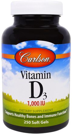 Vitamin D3, 1000 IU, 250 Soft Gels by Carlson Labs-Vitaminer, Vitamin D3
