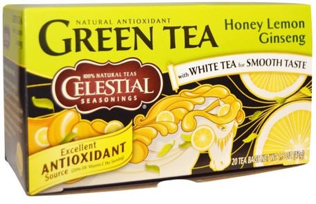 Green Tea, Honey Lemon Ginseng, 20 Tea Bags, 1.5 oz (42 g) by Celestial Seasonings-Himmelska Kryddor, Himmelska Kryddor Grönt Te, Adaptogen
