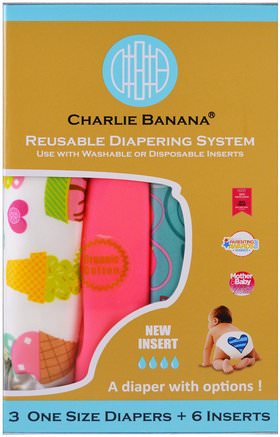 Reusable Diapering System, One Size Diapers, Girl, 3 Diapers + 6 Inserts by Charlie Banana-Barns Hälsa, Diapering