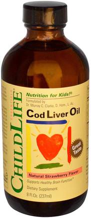 Cod Liver Oil, Natural Strawberry Flavor, 8 fl oz (237 ml) by ChildLife-Kosttillskott, Efa Omega 3 6 9 (Epa Dha), Torskleverolja, Torskleveroljevätska