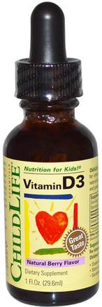 Essentials, Vitamin D3, Natural Berry Flavor, 1 fl oz (29.6 ml) by ChildLife-Barns Hälsa, Kosttillskott Barn, Vitamin D3, Vitamin D3 Vätska