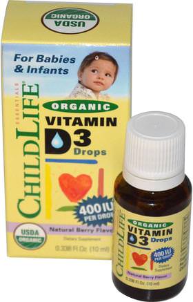 Organic Vitamin D3 Drops, Natural Berry Flavor, 400 IU, 0.338 fl oz (10 ml) by ChildLife-Barns Hälsa, Bebis, Spädbarnstillägg, Vitamin D3