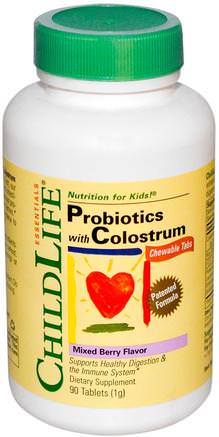 Probiotics, With Colostrum, Mixed Berry Flavor, 90 Chewable Tablets by ChildLife-Kosttillskott, Nötkreaturprodukter, Kolostrum, Probiotika, Probiotika För Barn