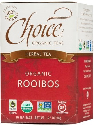 Herbal Tea, Organic Rooibos, Caffeine-Free, 16 Bags, 1.27 oz (36 g) by Choice Organic Teas-Mat, Örtte, Rooibos Te