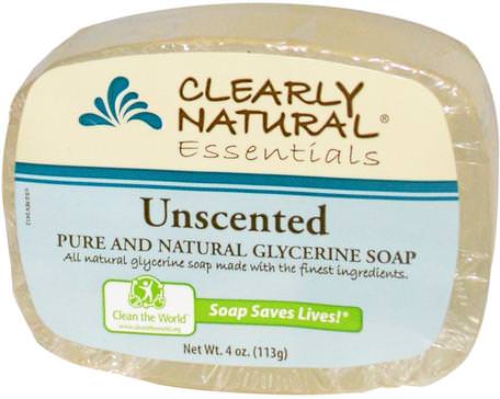 Essentials, Pure and Natural Glycerine Soap, Unscented, 4 oz (113 g) by Clearly Natural-Bad, Skönhet, Tvål