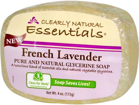 Essentials, Pure and Natural Glycerine Soap, French Lavender, 4 oz (113 g) by Clearly Natural-Bad, Skönhet, Tvål