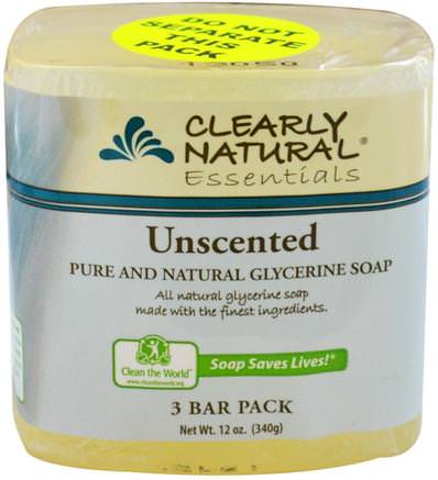 Essentials, Pure and Natural Glycerine Soap, Unscented, 3 Bar Pack, 4 oz Each by Clearly Natural-Bad, Skönhet, Tvål