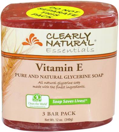 Essentials, Pure and Natural Glycerine Soap, Vitamin E, 3 Bar Pack, 4 oz Each by Clearly Natural-Bad, Skönhet, Tvål