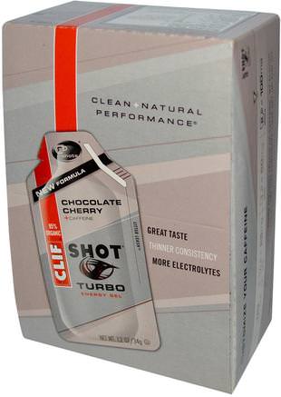 Shot Turbo Energy Gel, Chocolate Cherry + Caffeine, 24 Packets, 1.2 oz (34 g) Each by Clif Bar-Sport, Fyllning Av Elektrolytdryck