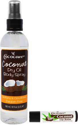 Coconut Dry Oil Body Spray + Coconut Lip Balm, 6 fl oz (180 ml), 4.2 g (15 oz) by Cococare-Hälsa, Hud, Bad, Skönhetsoljor, Kroppsvårdoljor