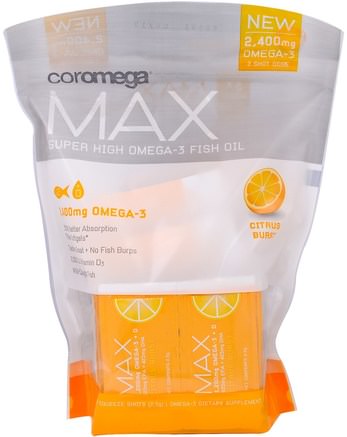 Max, Super High Omega-3 Fish Oil, Citrus Burst, 60 Squeeze Shots, (2.5 g) Each by Coromega-Kosttillskott, Efa Omega 3 6 9 (Epa Dha), Dha, Epa, Fiskolja