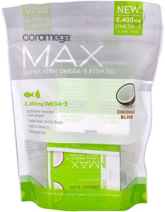 Max, Super High Omega-3 Fish Oil, Coconut Bliss, 2.400 mg, 60 Squeeze Shots, 2.5 g Each by Coromega-Kosttillskott, Efa Omega 3 6 9 (Epa Dha), Dha, Epa, Fiskolja