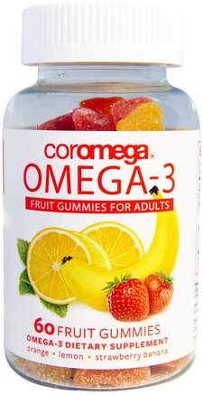 Omega-3, Fruit Gummies for Adults, Orange, Lemon, Strawberry Banana, 60 Fruit Gummies by Coromega-Kosttillskott, Efa Omega 3 6 9 (Epa Dha), Dha, Epa