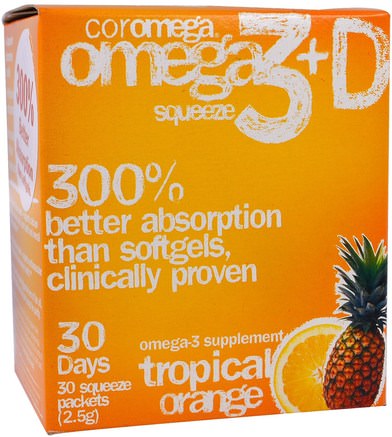 Omega3+D Squeeze, Tropical Orange, 30 Squeeze Packets, 2.5 g Each by Coromega-Kosttillskott, Efa Omega 3 6 9 (Epa Dha), Dha, Epa