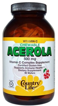 Acerola, Vitamin C Chewable, Cherry, 500 mg, 90 Wafers by Country Life-Vitaminer, C-Vitamin Tuggbar