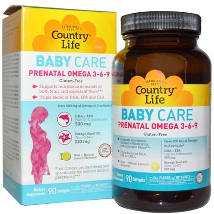Baby Care, Prenatal Omega 3-6-9, Lemon, 90 Softgels by Country Life-Vitaminer, Prenatala Multivitaminer