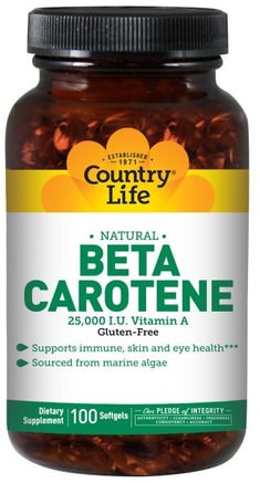 Beta Carotene, 100 Softgels by Country Life-Vitaminer, Vitamin A, Betakaroten