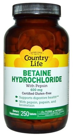 Betaine Hydrochloride, with Pepsin, 600 mg, 250 Tablets by Country Life-Kosttillskott, Betainhcl, Glukosaminhydroklorid