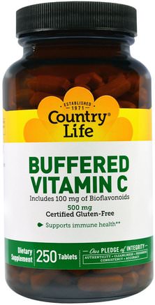 Buffered Vitamin C, 500 mg, 250 Tablets by Country Life-Vitaminer, Vitamin C Buffrad