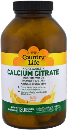 Calcium Citrate, Orange Flavor, 120 Chewable Wafers by Country Life-Kosttillskott, Mineraler, Kalcium