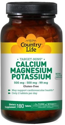 Calcium, Magnesium, and Potassium, 500 mg : 500 mg : 99 mg, 180 Tablets by Country Life-Kosttillskott, Mineraler, Kalcium Och Magnesium