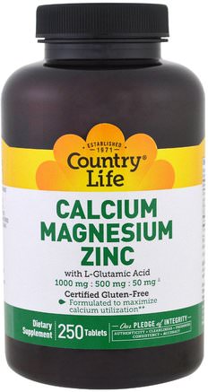 Calcium Magnesium Zinc, 250 Tablets by Country Life-Kosttillskott, Mineraler, Kalcium Och Magnesium