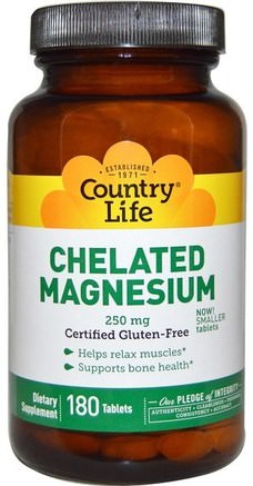Chelated Magnesium, 250 mg, 180 Tablets by Country Life-Kosttillskott, Mineraler, Magnesiumkelat