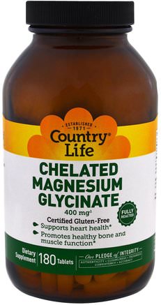 Chelated Magnesium Glycinate, 180 Tablets by Country Life-Kosttillskott, Mineraler, Magnesium