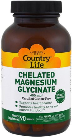 Chelated Magnesium Glycinate, 400 mg, 90 Tablets by Country Life-Kosttillskott, Mineraler, Magnesium