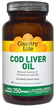 Cod Liver Oil, 250 Softgels by Country Life-Kosttillskott, Efa Omega 3 6 9 (Epa Dha), Fiskolja, Torskleverolja Softgels
