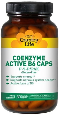 Coenzyme Active B6 Caps, P-5-P/PAK, 30 Veggie Caps by Country Life-Kosttillskott, Coenzymat B-Vitaminer