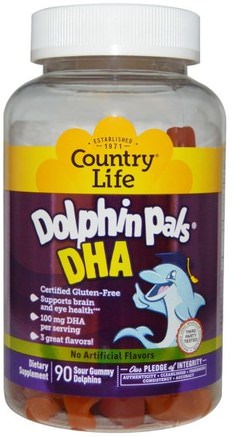 Dolphin Pals, DHA, 3 Great Flavors, 90 Sour Gummy Dolphins by Country Life-Kosttillskott, Efa Omega 3 6 9 (Epa Dha), Fiskolja, Dha Tuggbar