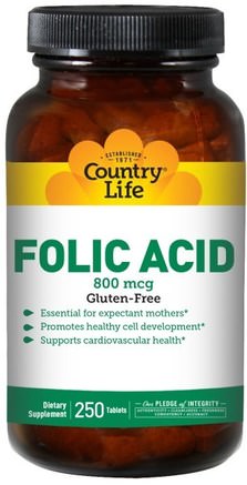 Folic Acid, 800 mcg, 250 Tablets by Country Life-Vitaminer, Folsyra
