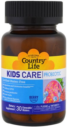 Kids Care probiotic, Berry Flavor, 30 Chewable Wafers by Country Life-Tillägg, Barn Probiotika