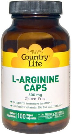 L-Arginine Caps, 500 mg, 100 Vegan Caps by Country Life-Kosttillskott, Aminosyror, L Arginin