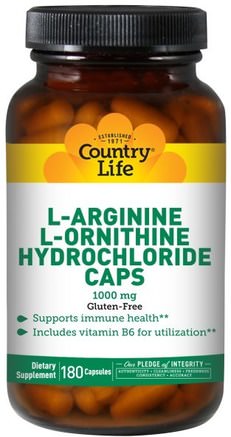 L-Arginine L-Ornithine Hydrochloride Caps, 1000 mg, 180 Capsules by Country Life-Kosttillskott, Aminosyror, L Arginin, L Arginin + L Ornitin