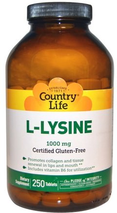 L-Lysine, 1000 mg, 250 Tablets by Country Life-Kosttillskott, Aminosyror, L Lysin