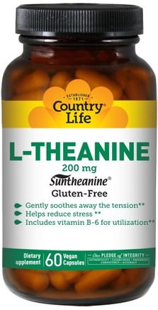 L-Theanine, 200 mg, 60 Vegan Caps by Country Life-Kosttillskott, Aminosyror, L-Teanin