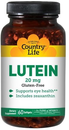 Lutein, 20 mg, 60 Softgels by Country Life-Kosttillskott, Antioxidanter, Lutein, Vitaminer