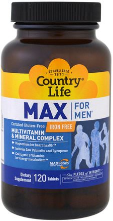 Max for Men, Multivitamin & Mineral Complex, Iron-Free, 120 Tablets by Country Life-Vitaminer, Män Multivitaminer