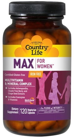 Max, for Women, Multivitamin & Mineral Complex, Iron Free, 120 Veggie Caps by Country Life-Vitaminer, Kvinnor Multivitaminer