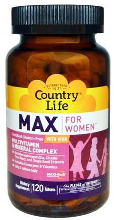 Max, for Women, Multivitamin & Mineral Complex, With Iron, 120 Tablets by Country Life-Vitaminer, Kvinnor Multivitaminer