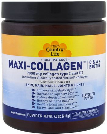Maxi-Collagen, C & A plus Biotin, High Potency, Flavorless Powder, 7.5 oz (213 g) by Country Life-Hälsa, Kvinnor
